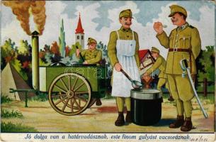 1942 Jó dolga van a határvadásznak, este finom gulyást vacsoráznak / WWII Hungarian military art postcard, border guards s: Kluka + Porto (EK)