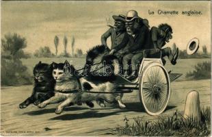 La Charrette anglaise / Monkeys on a chariot pulled by cats. Emb. litho (r)