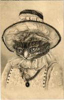 Macska kalapban / Cat with hat. litho (r)