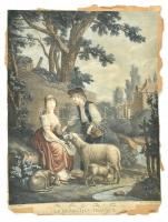Philippe Mercier (1689-1760) után metszette Augustin Legrand: Le repos de travaux, 1780-1800 körül. Színezett rézmetszet, papír. Jelzett a metszeten. Sérült, foltos, körbevágva. 40,5x32 cm.