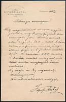 Siposs Antal (1839-1923) zongoraművész autográf levele Gerlóczy Károlynak Budapest főpolgármesterének halálára, felesége részére. Siposs zeneakadémiája levélpapírján és borítékkal.