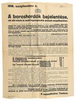 1918 A boroshordók bejelentése, zár alá vétele és azok legmagasabb árának megállapítása, hirdetmény, hajtott, a szélein szakadásokkal, 62×47 cm