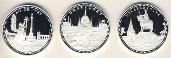 1998. "Pest, Buda, Óbuda egyesítésének 125. évfordulója" Ag emlékérem 3 klf db "Hősök tere, Országház, Halászbástya" 3x 31,1g T:PP Díszdobozban!