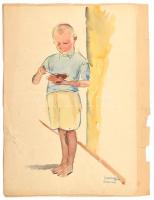 Ducsay Béla (1893-1967): Éhes kisfiú, 1944. Akvarell, ceruza, papír, jelzett, hátoldalán hagyatéki bélyegzővel, papírra kasírozva, 43x30,5 cm