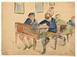 Ducsay Béla (1893-1967): Fiúk az iskolában, 1943. Akvarell, papír, jelzett, hátoldalán hagyatéki bélyegzővel, papírra kasírozva, 30x41,5 cm