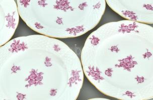 Herendi virág mintás csemegés készlet. Kézzel festett, jelzett, hibátlan. 6+1 db, d: 12 és 27 cm