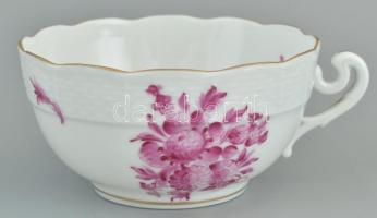 Herendi purpur virágmintás porcelán teás csésze + alj, kézzel festett, jelzett, kis kopásnyomokkal. ...