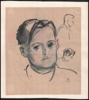 Ducsay Béla (1893-1967): Portré tanulmányok, 1943. Lavírozott tus, papír, jelzett, hátoldalán hagyatéki bélyegzővel, papírra kasírozva, 29,5x25,5 cm