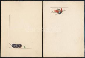 KAE jelzéssel 3 db állatos levélpapír terv Akvarell, papír. cca 1900 Nagybánya. 19x15 cm