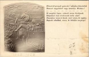 1526-1926 Mohács, II. Lajos a Csele-patakba fullad. A mohácsi vész 400. évfordulója emlékére kiadott dombornyomott lap. Kiss Gy. domborműve. Szeiler vésnök. Emb. So. Stpl