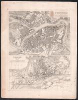 cca 1870-1880 Szentpétervár és Varsó (St. Petersburg, Warschau) térképe egy lapon, papír, kissé foltos, 26x21 cm / map of Saint Petersburg and Warsaw on one sheet, a bit spotty