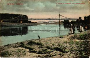1910 Tokaj, Tisza, Erzsébet és vasúti híd, mosóasszonyok. Amerikai Bazár kiadása