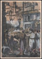 Olvashatatlan jelzéssel: Katonai sortűz. Akvarell, papír, lap tetején apró szakadással, törésnyomokk...