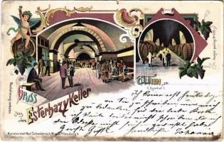 1904 Wien, Vienna, Bécs; Gruss aus dem Esterhazy Keller! Haarhof / wine cellar, interior. Kunstanstalt Karl Schwidernoch No. 3139. Art Nouveau, floral, litho (b)