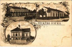 1903 Velky Osek, Nádrazí, C. k. posta, Obecná skola / railway station, train, locomotive, post office, school. Art Nouveau, floral, litho (fl)