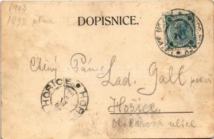 1903 Velky Osek, Nádrazí, C. k. posta, Obecná skola / railway station, train, locomotive, post offic...