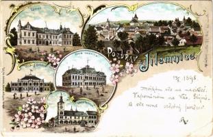 1898 Jilemnice, Zámek, Nová radnice, Sokolna, Stará radnice / castle, new town hall, Sokol house, old town hall. Lit. Th. Böhm. Art Nouveau, floral, litho (EB)