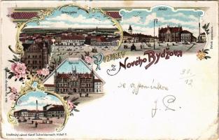 1898 Novy Bydzov, Celkovy pohled, Námestí, Radnice / general view, square, town hall. Karl Schwidernoch Art Nouveau, floral, litho