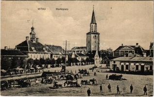 1916 Jelgava, Mitau; Marktplatz / WWI German military, marketplace with German soldiers (EK)