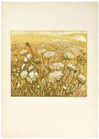 Somlai Vilma (1938-2007): Virágos domb. Színes linómetszet, papír, jelzett, hátoldalán Rézkarcoló Művészek Alkotóközössége és a művész pecsétjével, lap tetején apró szakadással, 30×35 cm