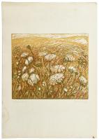 Somlai Vilma (1938-2007): Virágos domb. Színes linómetszet, papír, jelzett, hátoldalán Rézkarcoló Művészek Alkotóközössége és a művész pecsétjével, lap tetején apró szakadással, 30×35 cm