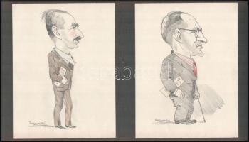 Gebhardt Béla (1901-1990): 4 db politikai karikatúra cca 1944. Színes ceruza, papír, jelzett, 24×17 cm