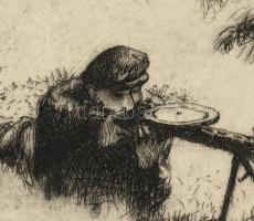 Varga Nándor Lajos (1895-1978): Golyószóró (Gyakorlatozó katonák). Rézkarc, papír, jelzett, 24x29 cm