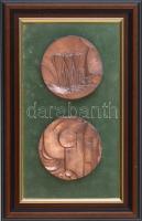 Soltra Elemér (1922-2013) 2002. Két darab egyoldalas, öntött Br plakett, fa keretbe rögzítve, hátlapon a művész életútjának rövid összefoglalójával és szignóval T:1