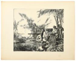 Görög Rezső (1930- ): Páncéltörő ágyú. Rézkarc, papír, 24x29 cm
