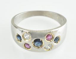 Ezüst(Ag) gyűrű, rubin, zafír, stb. kövekkel, jelzett, méret: 56, bruttó: 4,06 g