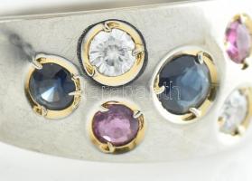 Ezüst(Ag) gyűrű, rubin, zafír, stb. kövekkel, jelzett, méret: 56, bruttó: 4,06 g