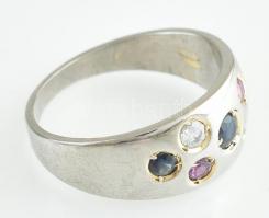 Ezüst(Ag) gyűrű, rubin, zafír, stb. kövekkel, jelzett, méret: 56, bruttó: 4,06 g