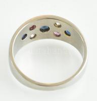 Ezüst(Ag) gyűrű, rubin, zafír, stb. kövekkel, jelzett, méret: 56, bruttó: 4,06 g