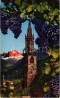 Bolzano, Bozen (Südtirol); Torre Parrocchiale verso le Dolomiti. Montage with grapes (EK)