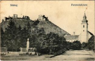 1920 Sümeg, Ferencziek tere, vár, templom, szobor (EK)