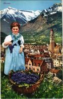 Merano, Meran (Südtirol); Montage with child and grapes, South Tyrolean folklore