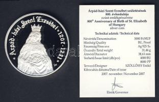 2007. 5000Ft Ag "Árpád-házi Szent Erzsébet" T:PP Csak 8000db! Díszdobozban, tanúsítvánnyal...