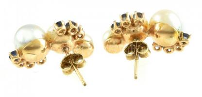 Arany (Au) 14K fülbevalópár, zafírral és gyönggyel, jelzett, h: 2 cm, bruttó: 5 g