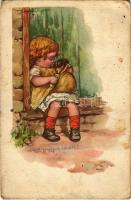 1924 Children art postcard, girl with Dachshund puppy. Anna & Gasparini 455-5. s: Castelli (EB)