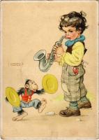 Children art postcard, boy with saxophone and monkey s: Lungers Hausen (EB)