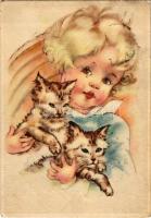 1943 Children art postcard, girl with cats. Coloprint B Select 8022. (EK)