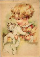 1943 Children art postcard, girl with cat. Coloprint B Select 8019. (EB)