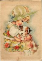 1943 Children art postcard, girl with dog. Coloprint B Select 8020. (EK)