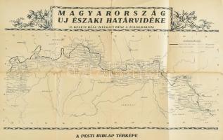 cca 1938 Magyarország új északi határvidéke, kétoldalas Pesti Hírlap térkép, hajtásnyomokkal, szakadt, sérült, 41x57 cm