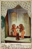 1918 Willst Du eine Blume? / Children art postcard, mirror (EK)