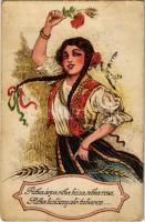 1926 Ritka árpa, ritka búza, ritka rozs, ritka kislány, aki takaros... Magyar folklór művészlap / Hungarian folklore art postcard, folk song (EK)