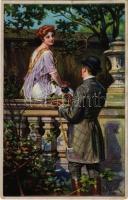 Ein Blumengruß / Romantic couple, lady art postcard. Wenau-Delila 1858. s: F. Doubek (szakadás / tear)
