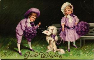 Good Wishes Greeting art postcard with children and dog. Emb. litho (lyuk / pinhole)