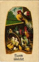 Húsvéti üdvözlet / Easter greeting art postcard with chicken (EK)