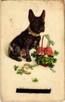 1932 Boldog Újévet! / New Year greeting card, dog with mushroom, horseshoe and clovers (EK)
